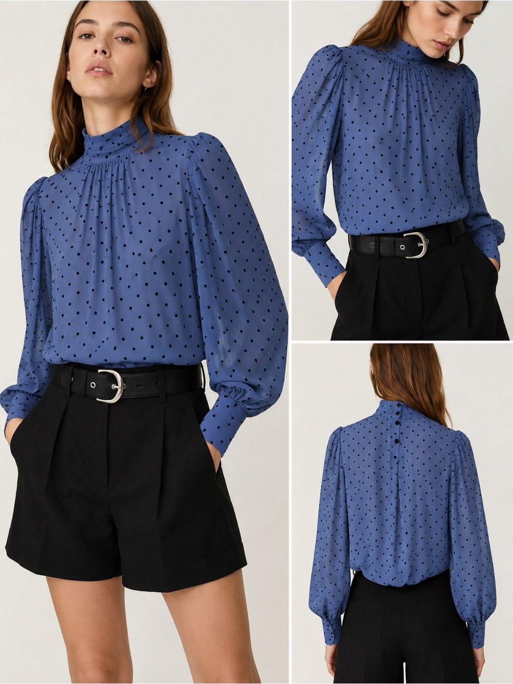 Sandro Blue High-Neck Polka Dot Blouse